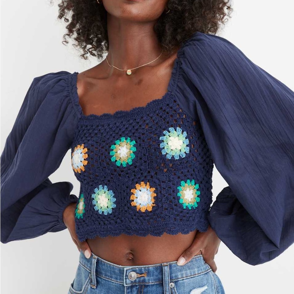 Aerie Crochet Vacay blue granny square puff sleeve crop top
